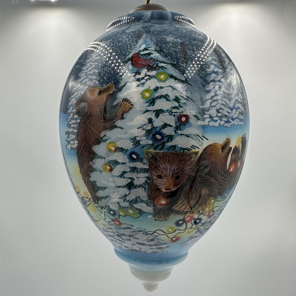 Dona Gelsinger Winter Bears Glass Christmas Ornament 6 in Egg Shape Handpainted